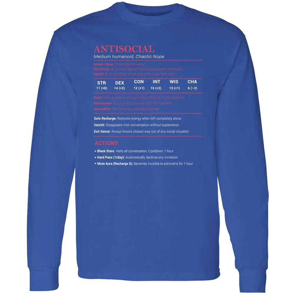 Antisocial Stats Long Sleeve T-Shirt - Royal - 8
