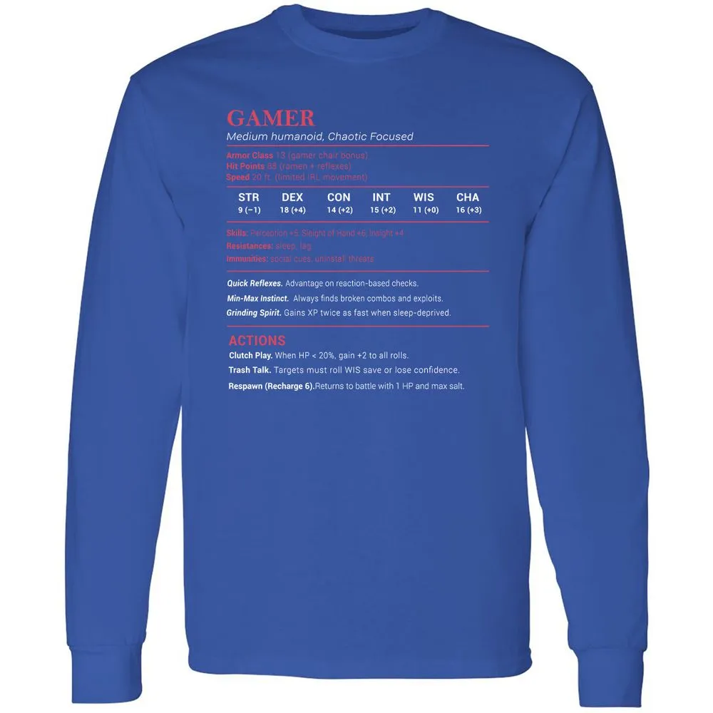 Gamer Stats Long Sleeve T-Shirt - Royal - 8