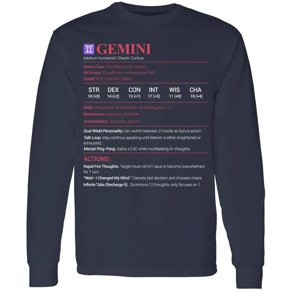 Gemini Stats Long Sleeve T-Shirt - Navy - 2