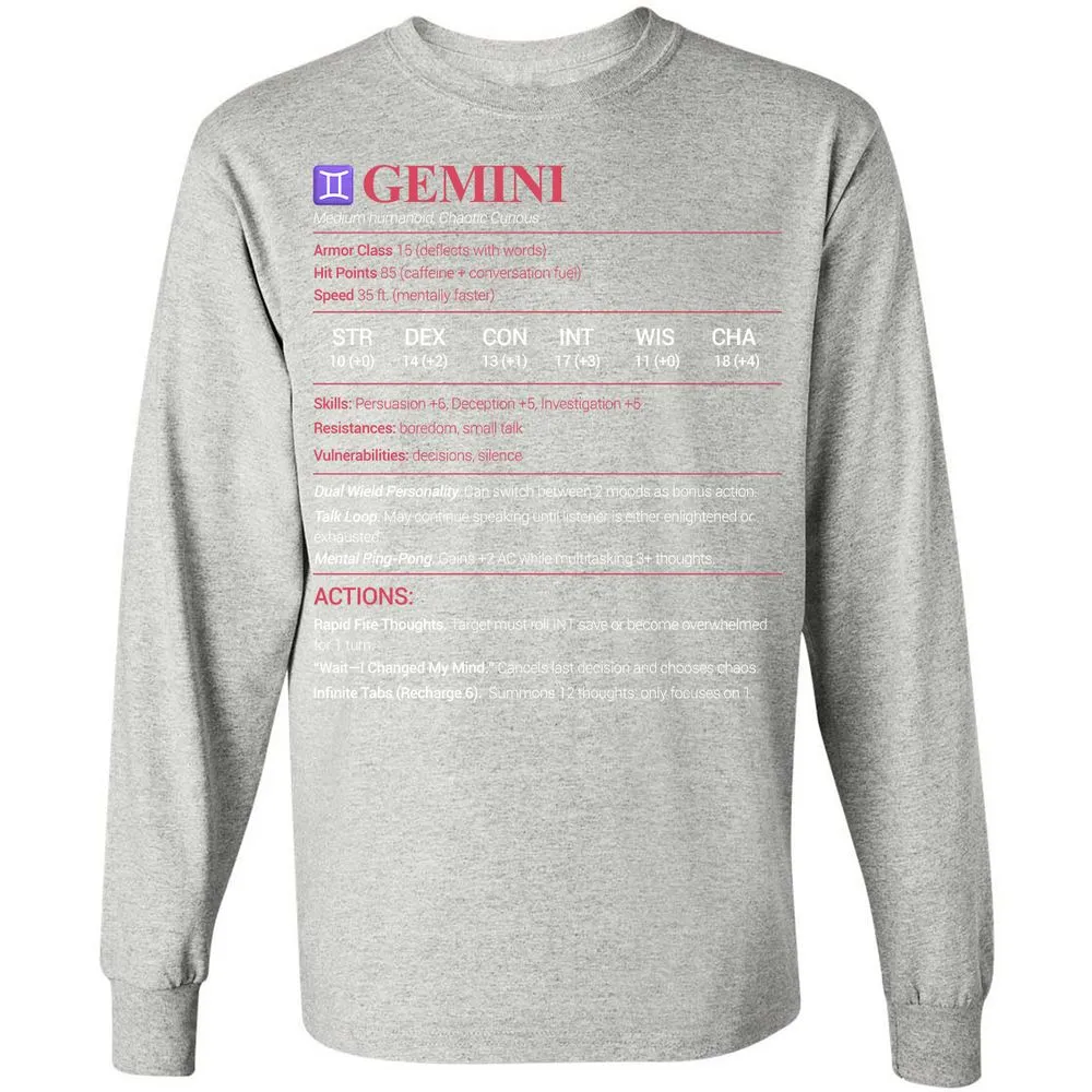 Gemini Stats Long Sleeve T-Shirt - Ash - 7