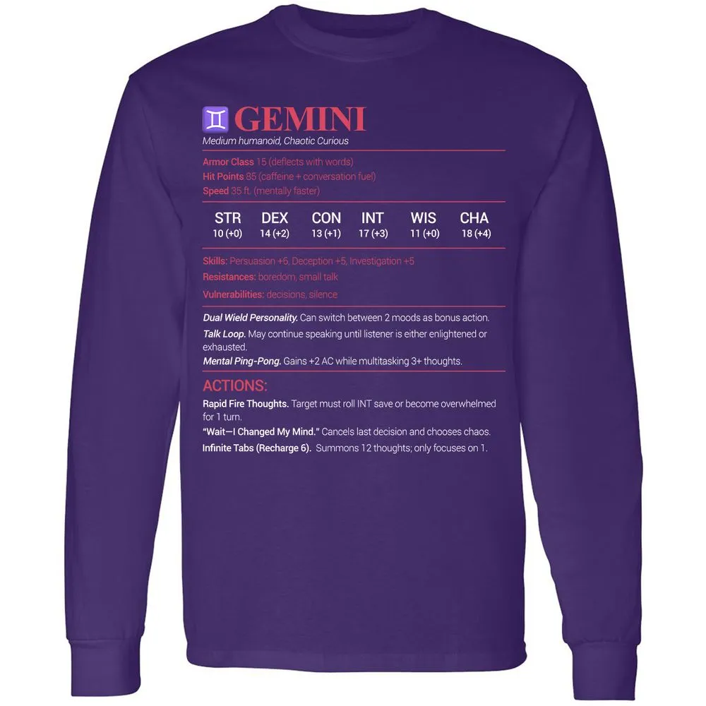 Gemini Stats Long Sleeve T-Shirt - Purple - 13