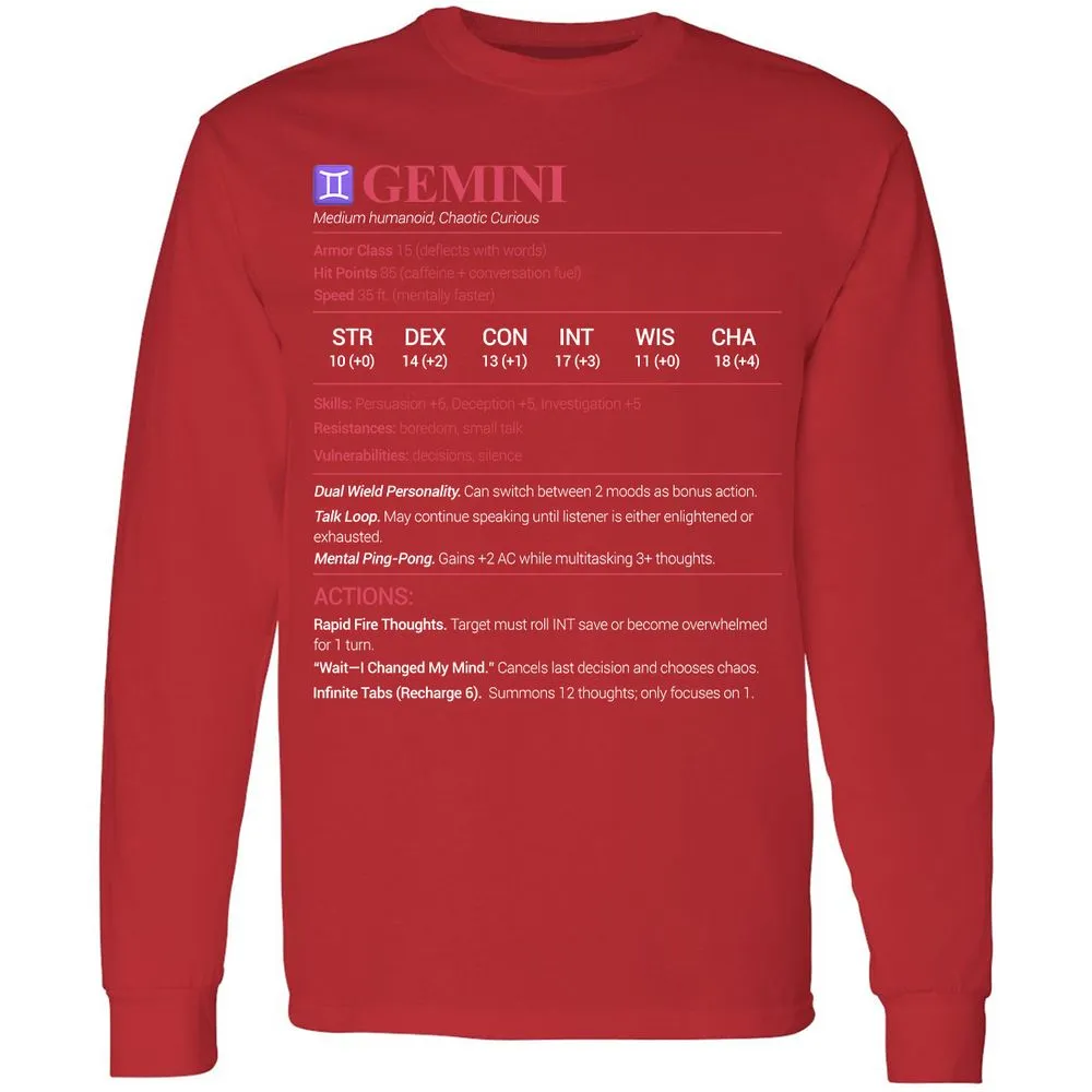 Gemini Stats Long Sleeve T-Shirt - Red - 14