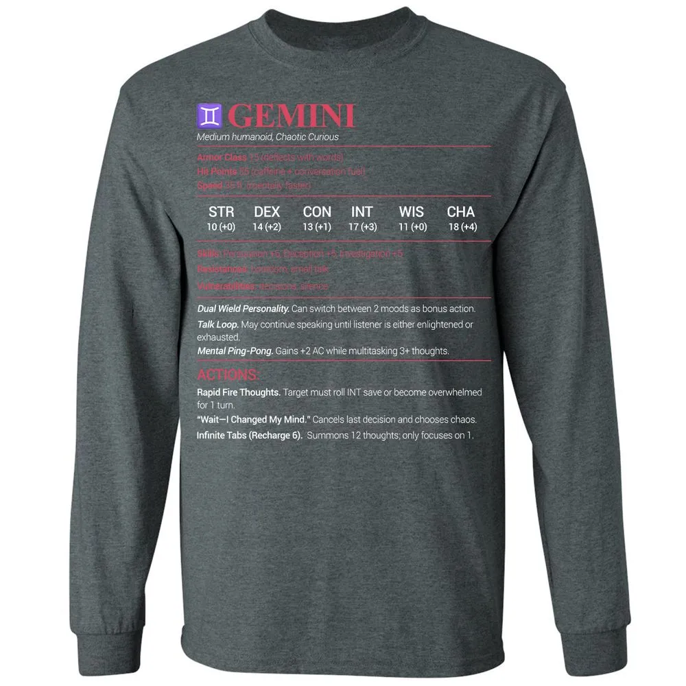 Gemini Stats Long Sleeve T-Shirt - Dark Heather - 15