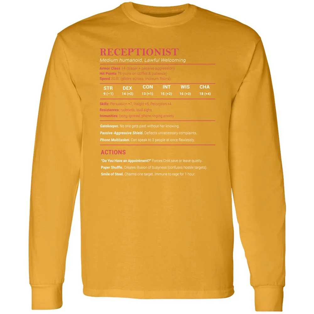 Receptionist Stats Long Sleeve T-Shirt - Gold - 9