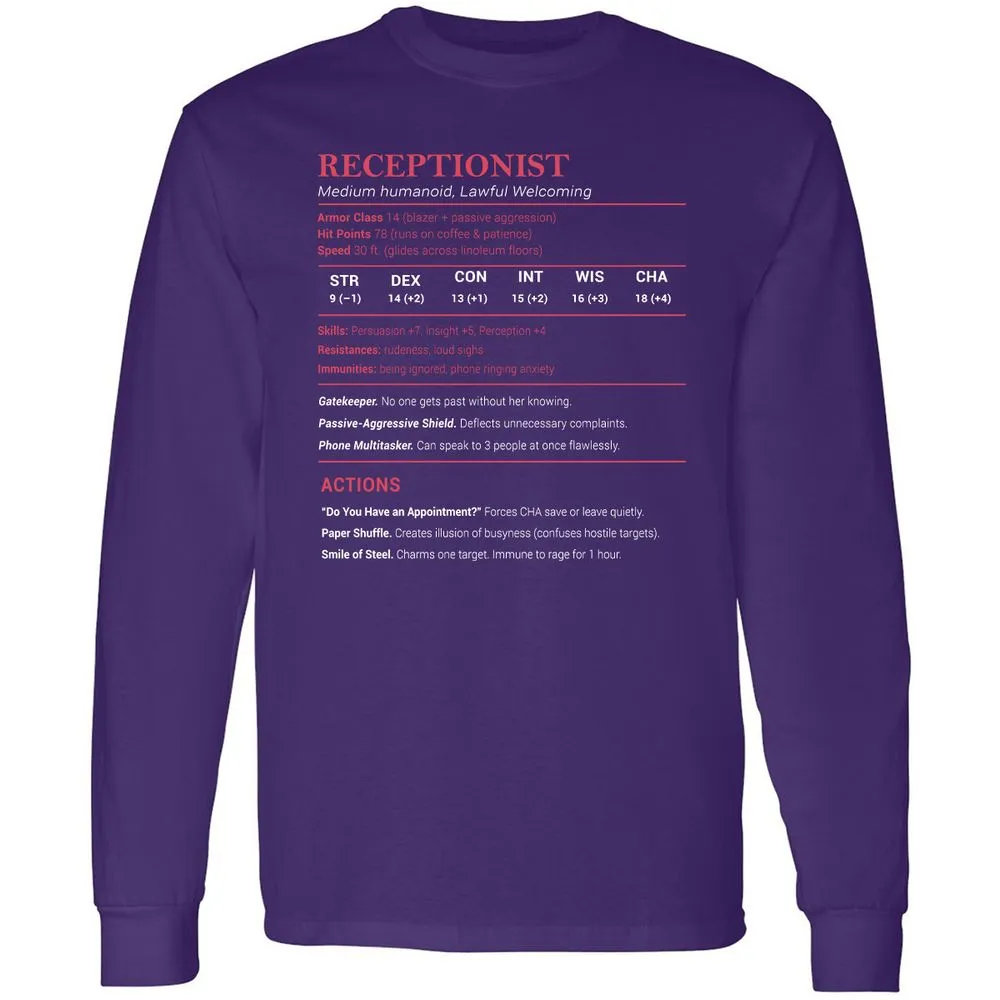 Receptionist Stats Long Sleeve T-Shirt - Purple - 13