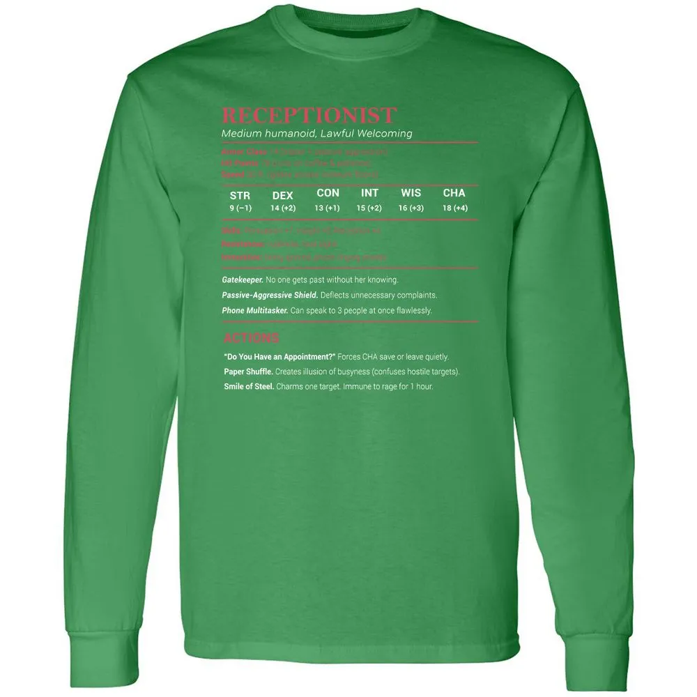 Receptionist Stats Long Sleeve T-Shirt - Irish Green - 10