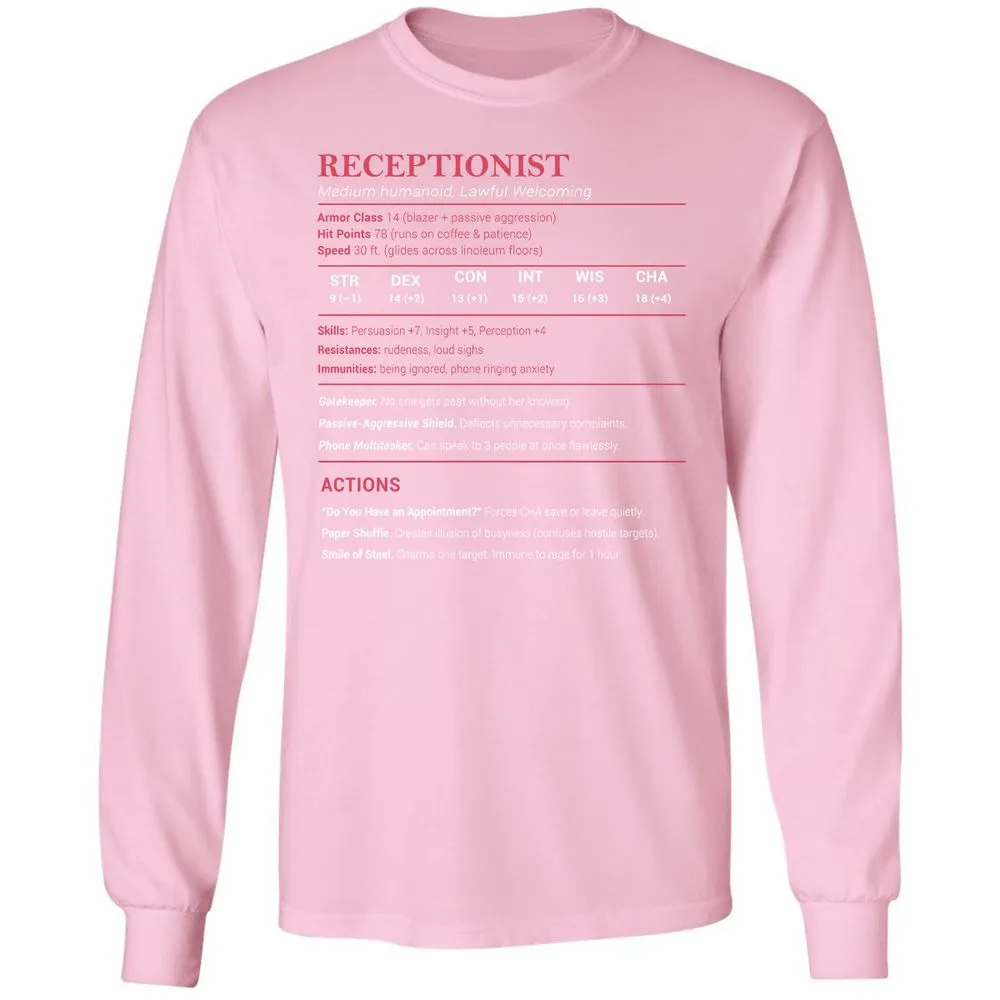 Receptionist Stats Long Sleeve T-Shirt - Light Pink - 3