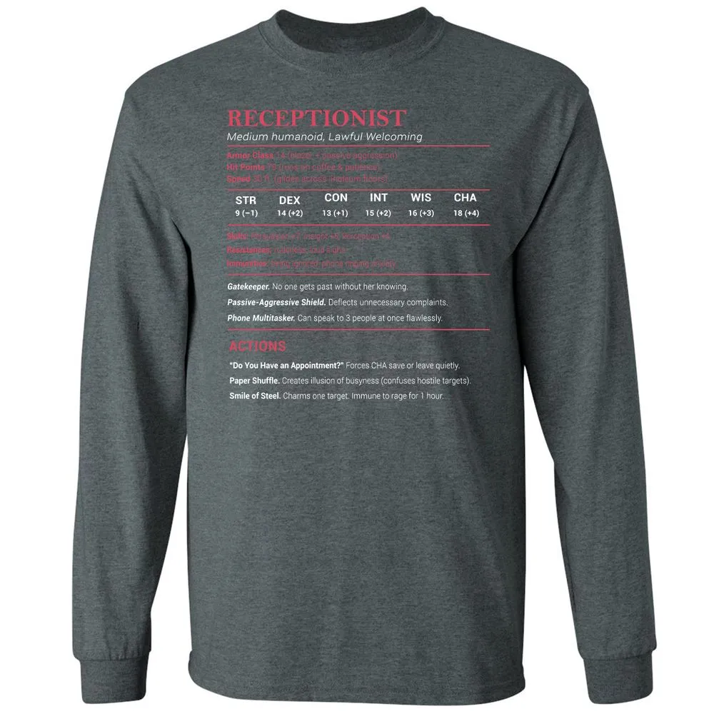 Receptionist Stats Long Sleeve T-Shirt - Dark Heather - 15