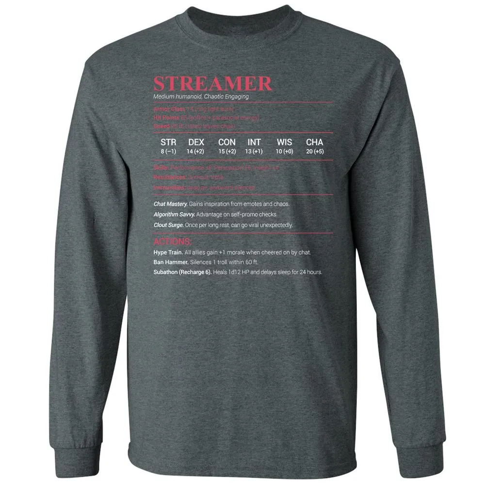 Streamer Stats Long Sleeve T-Shirt - Dark Heather - 15