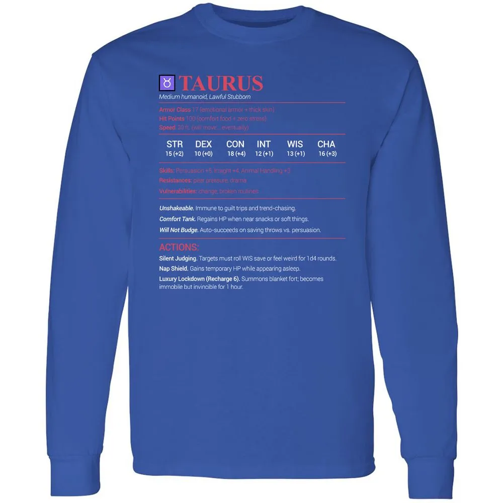 Taurus Stats Long Sleeve T-Shirt - Royal - 8