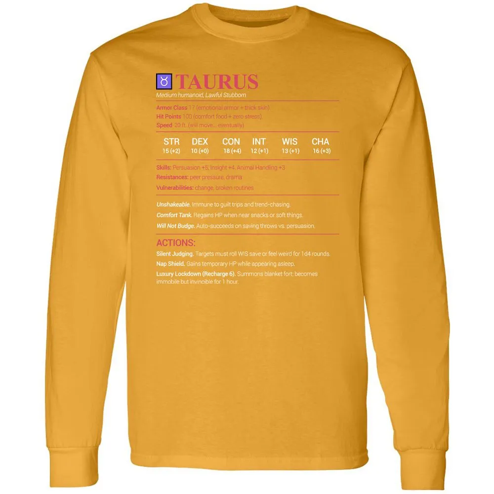 Taurus Stats Long Sleeve T-Shirt - Gold - 9