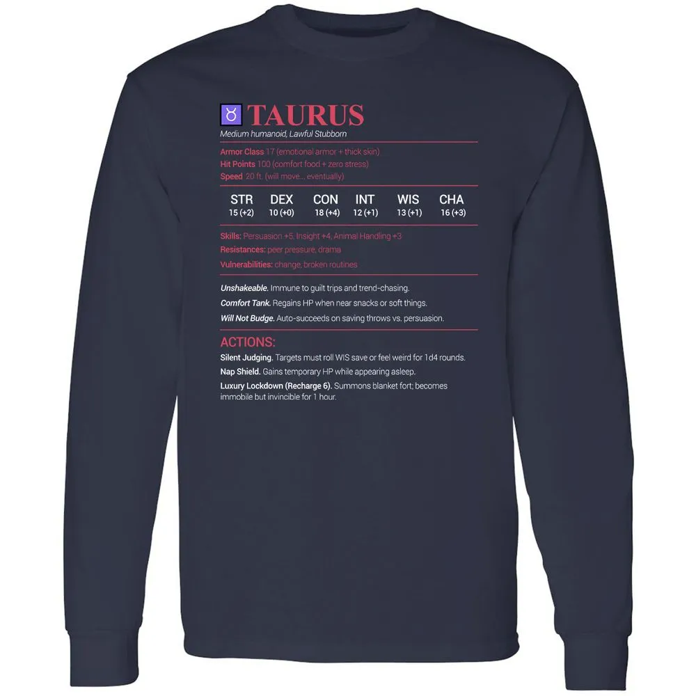 Taurus Stats Long Sleeve T-Shirt - Navy - 2