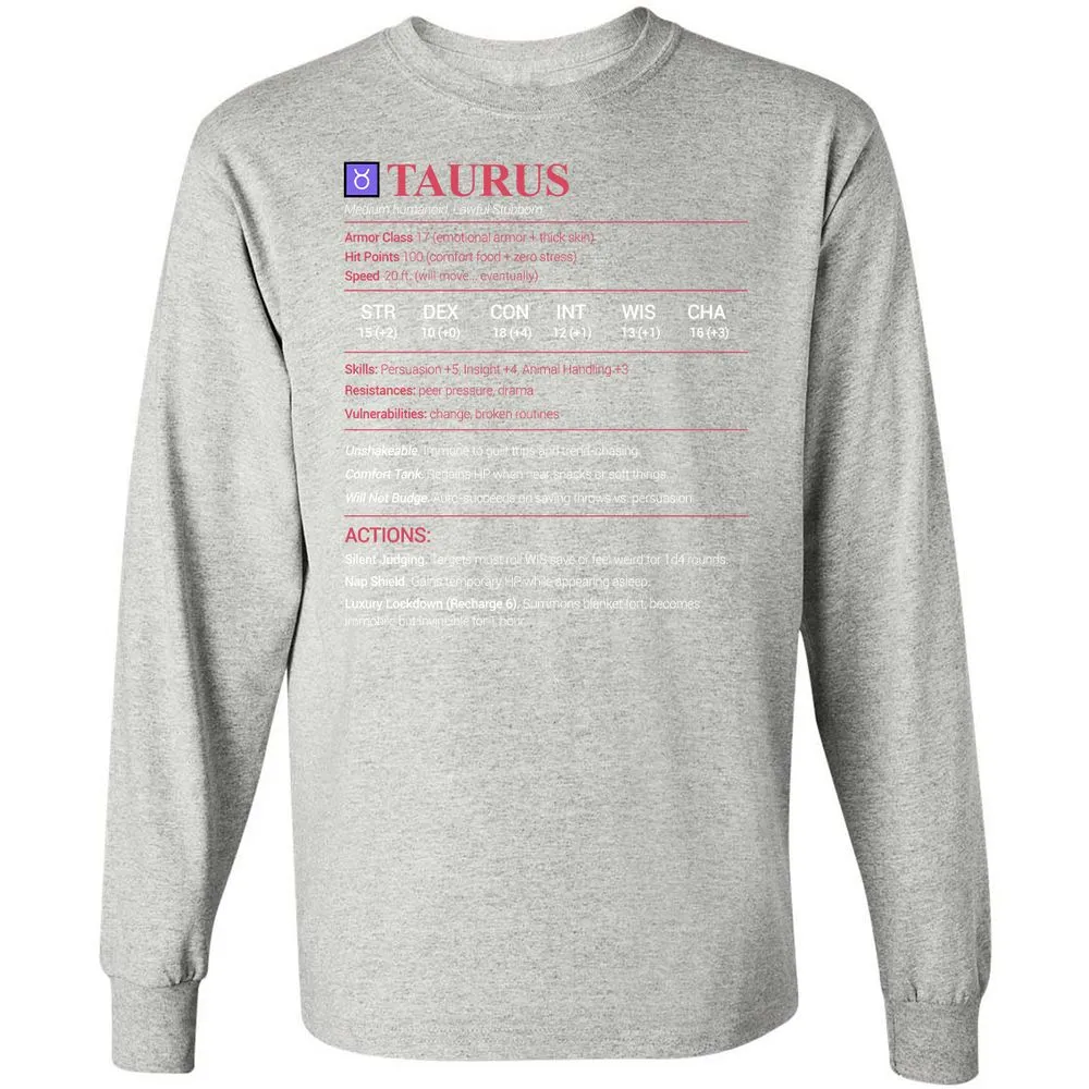 Taurus Stats Long Sleeve T-Shirt - Ash - 7