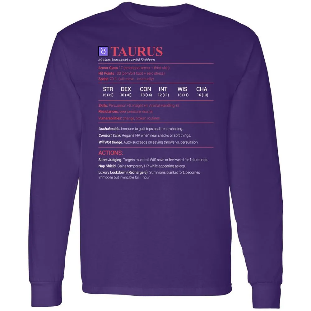 Taurus Stats Long Sleeve T-Shirt - Purple - 13