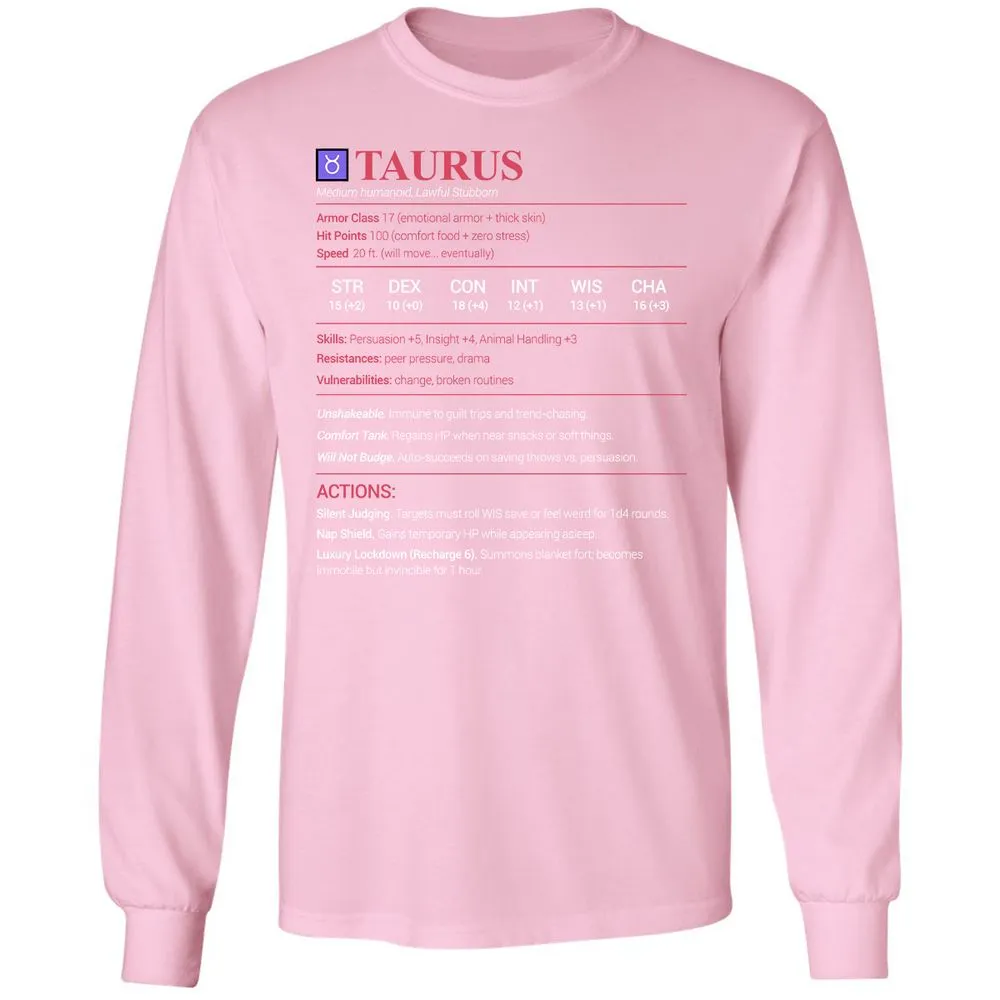 Taurus Stats Long Sleeve T-Shirt - Light Pink - 3