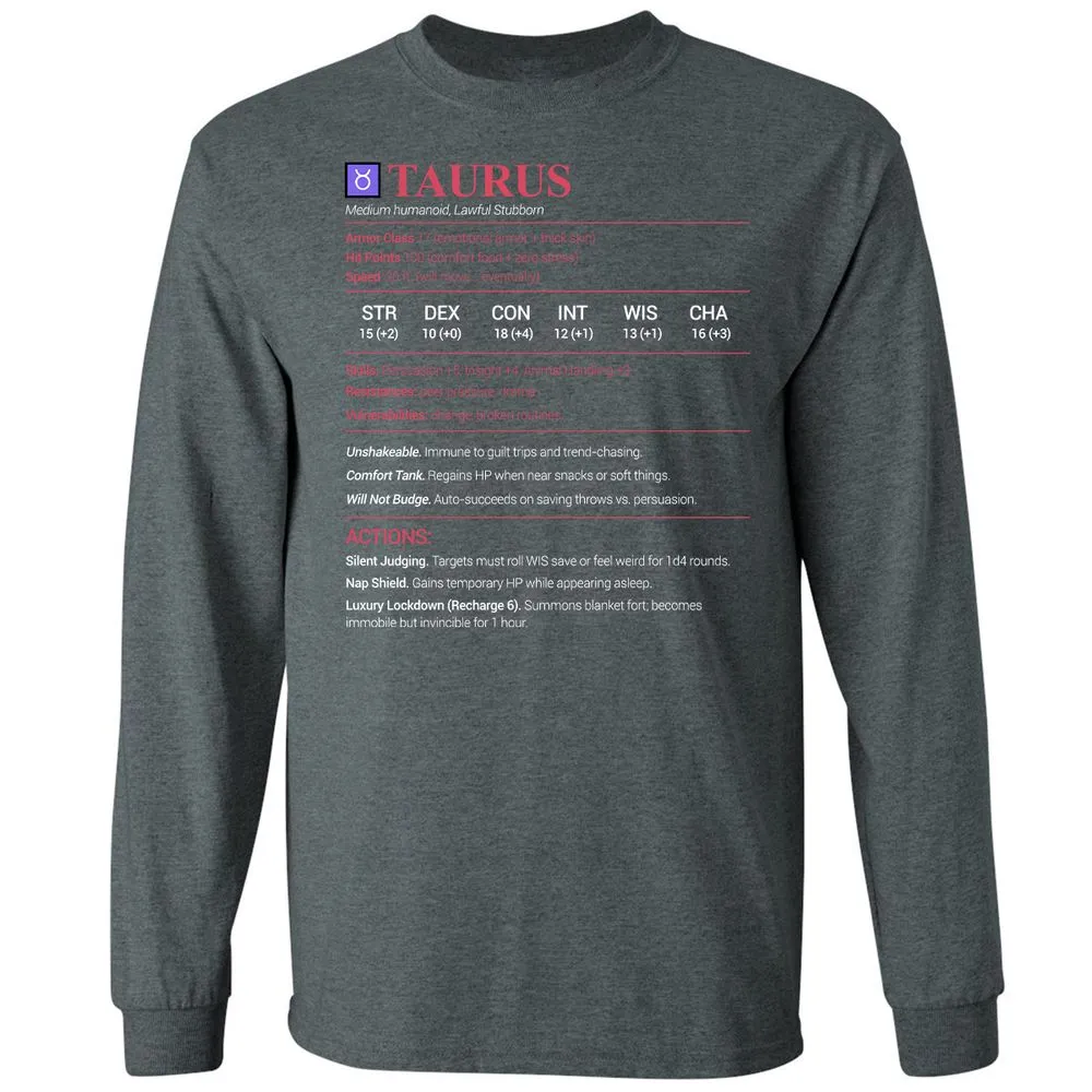 Taurus Stats Long Sleeve T-Shirt - Dark Heather - 15