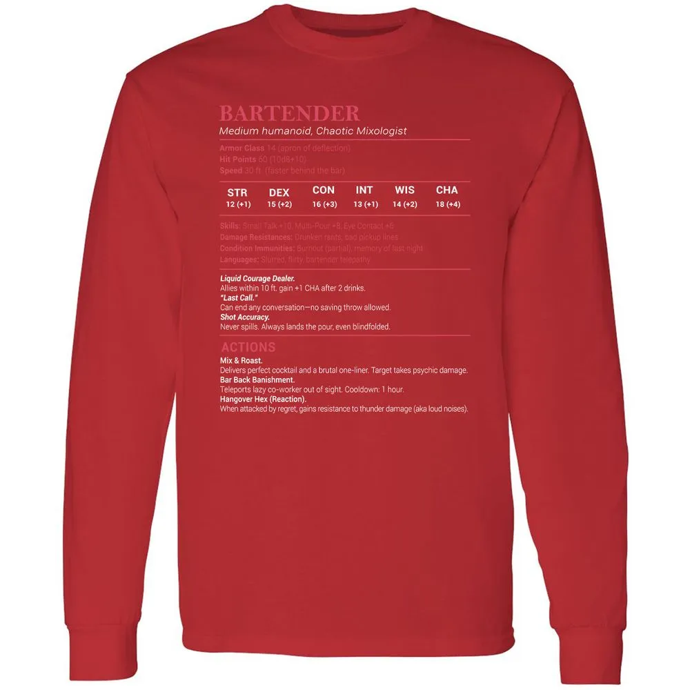 Bartender Stats Long Sleeve T-Shirt - Red - 14