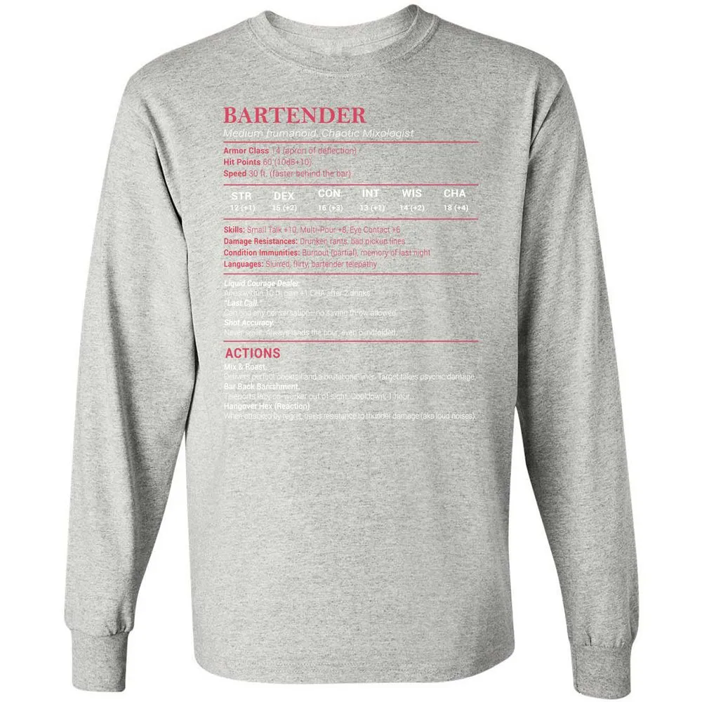Bartender Stats Long Sleeve T-Shirt - Ash - 7