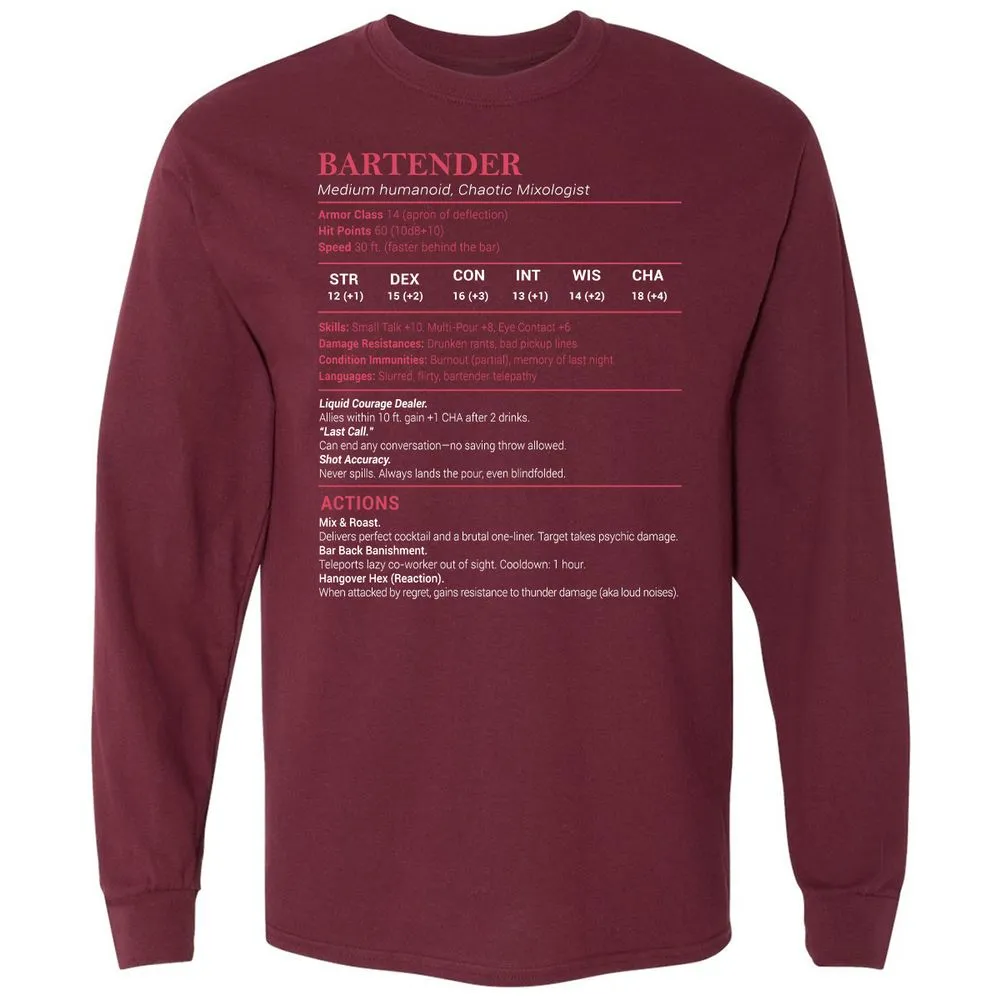 Bartender Stats Long Sleeve T-Shirt - Maroon - 11