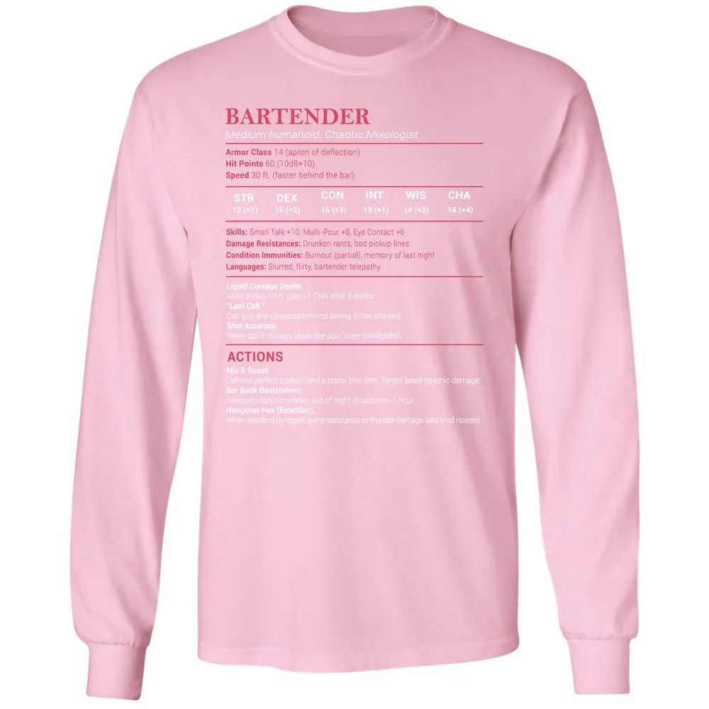 Bartender Stats Long Sleeve T-Shirt - Light Pink - 3