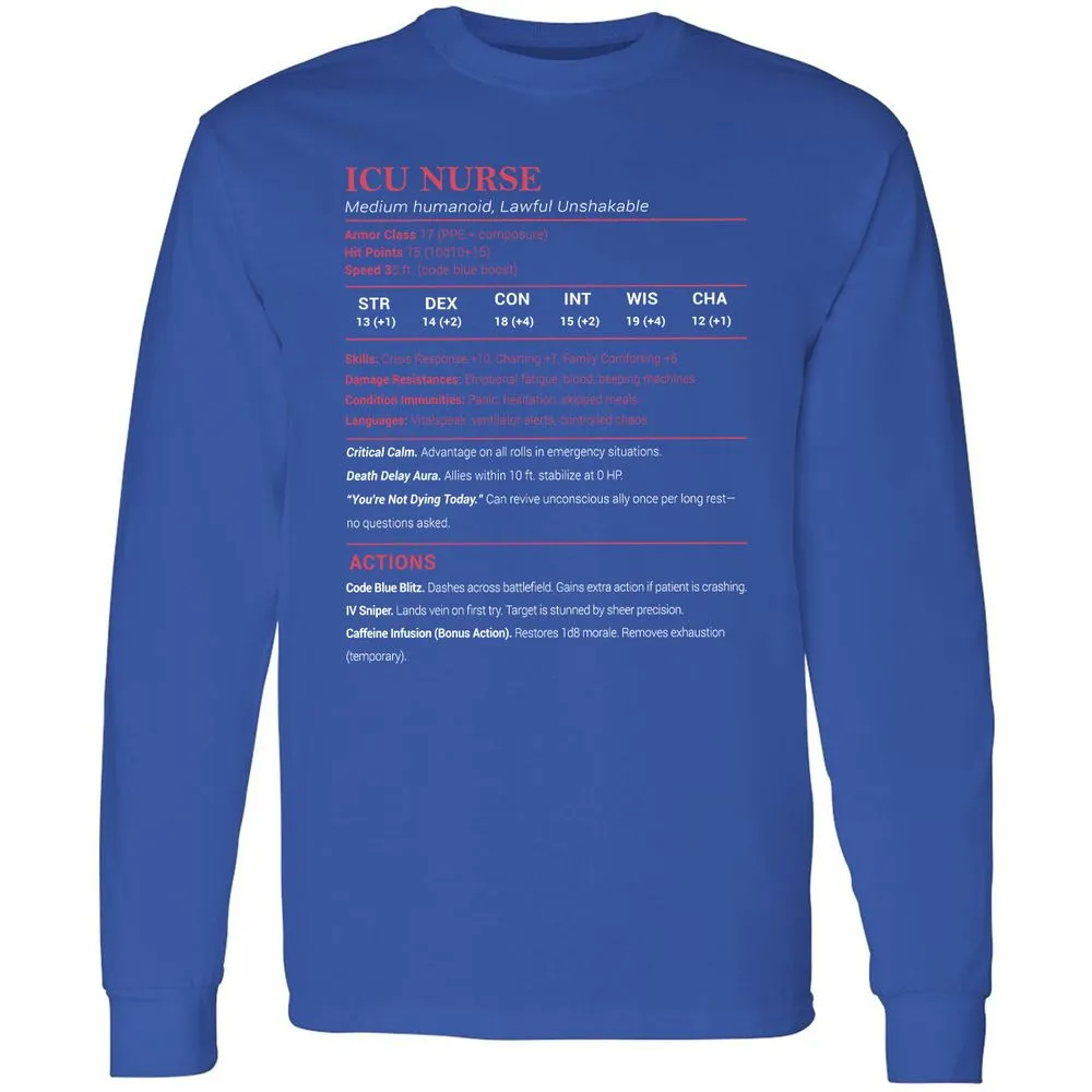 ICU Nurse Stats Long Sleeve T-Shirt - Royal - 8