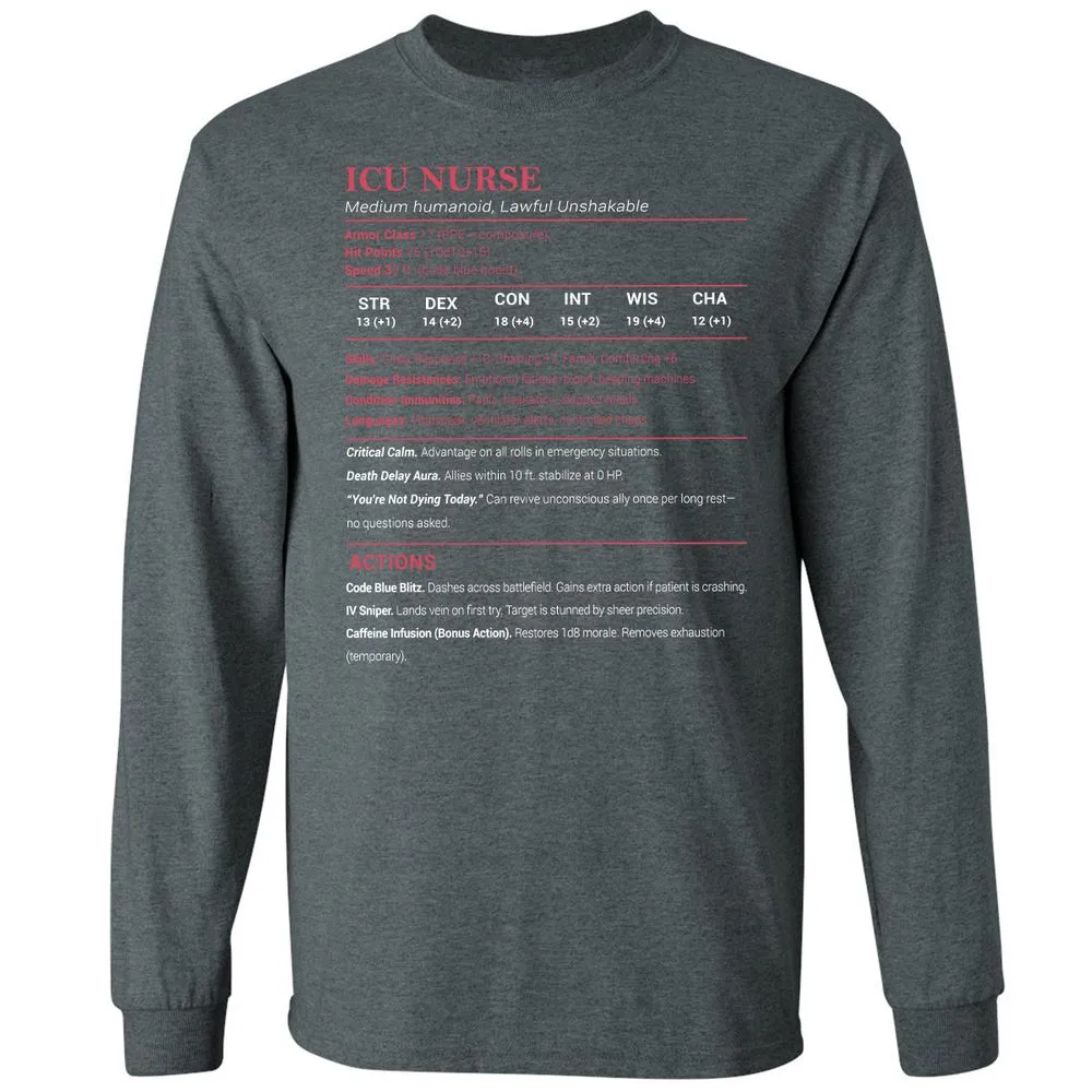 ICU Nurse Stats Long Sleeve T-Shirt - Dark Heather - 15