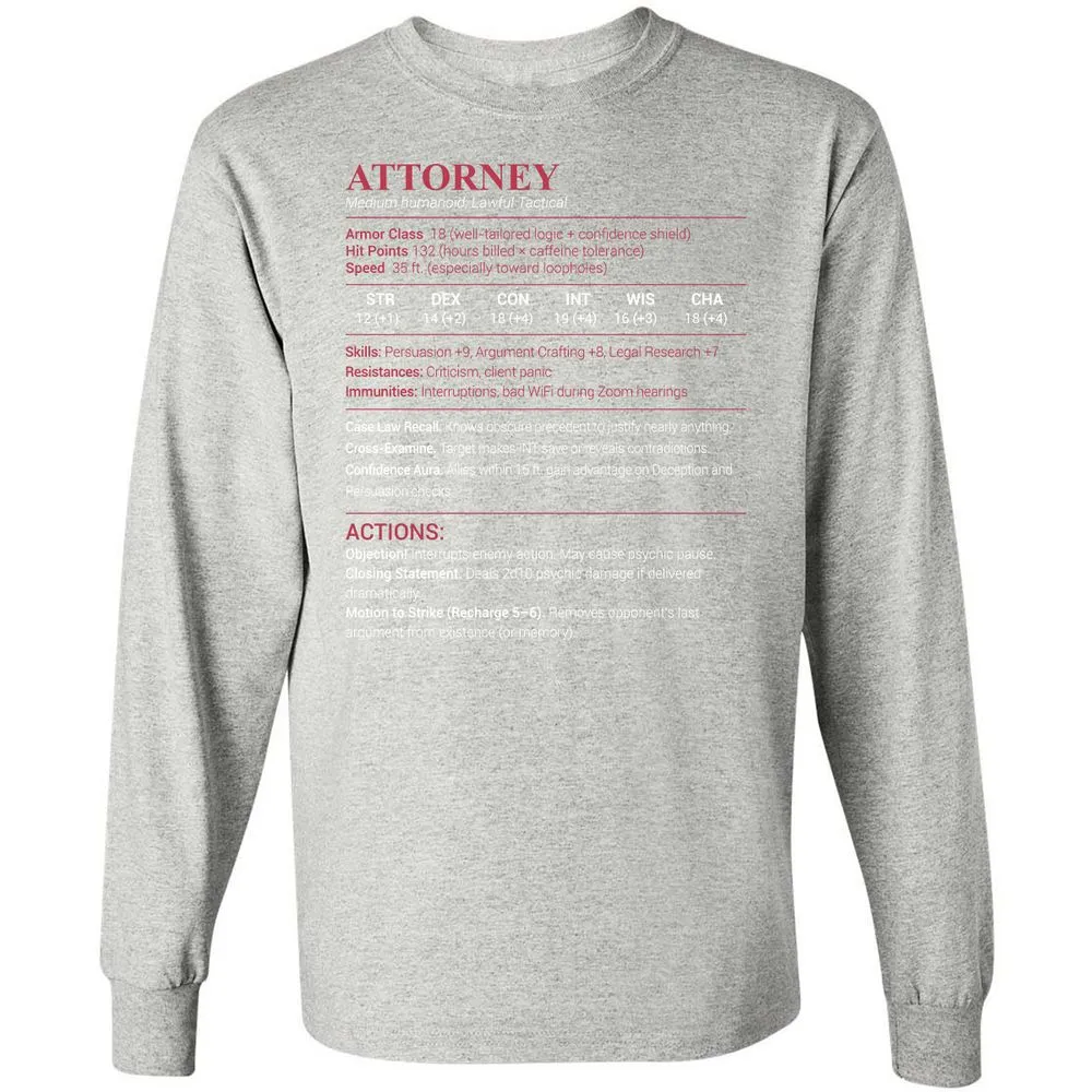 Attorney Stats Long Sleeve T-Shirt - Ash - 7