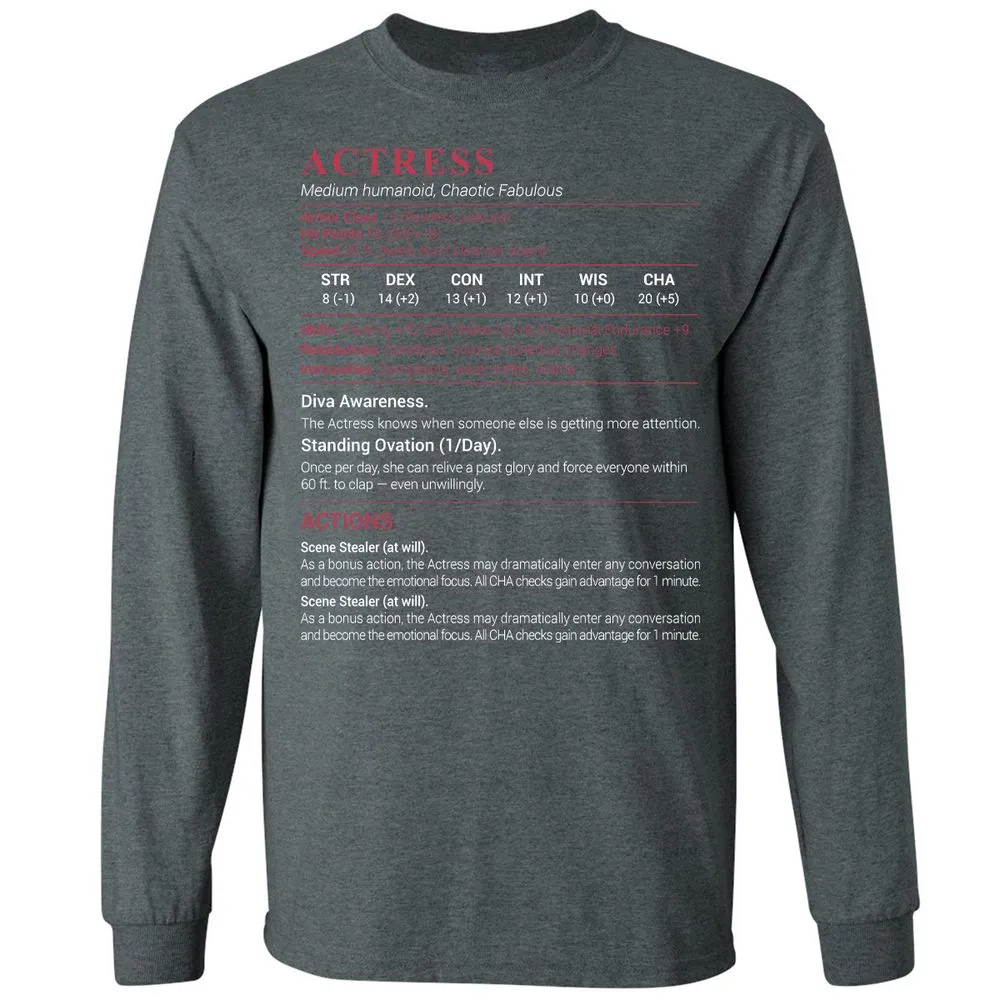 Actress Stats Long Sleeve T-Shirt - Dark Heather - 15