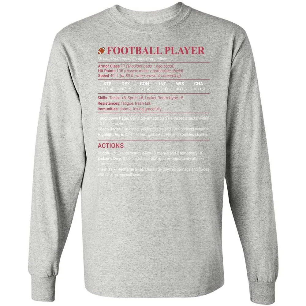 Football Player Long Sleeve T-Shirt - Ash - 7