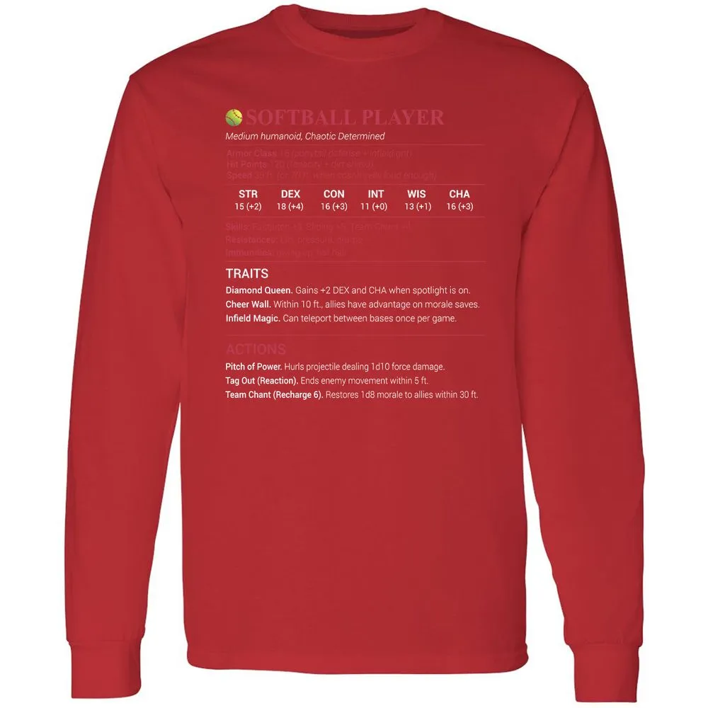 Softball Player Long Sleeve T-Shirt - Red - 14