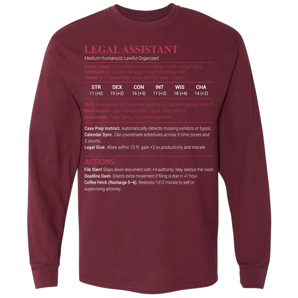 Legal Assistant Long Sleeve T-Shirt - Maroon - 11