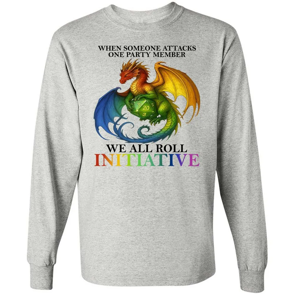 Dragon We All Roll For Initiative Long Sleeve T-Shirt - Ash - 7