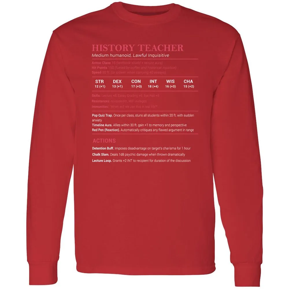 History Teacher Long Sleeve T-Shirt - Red - 14