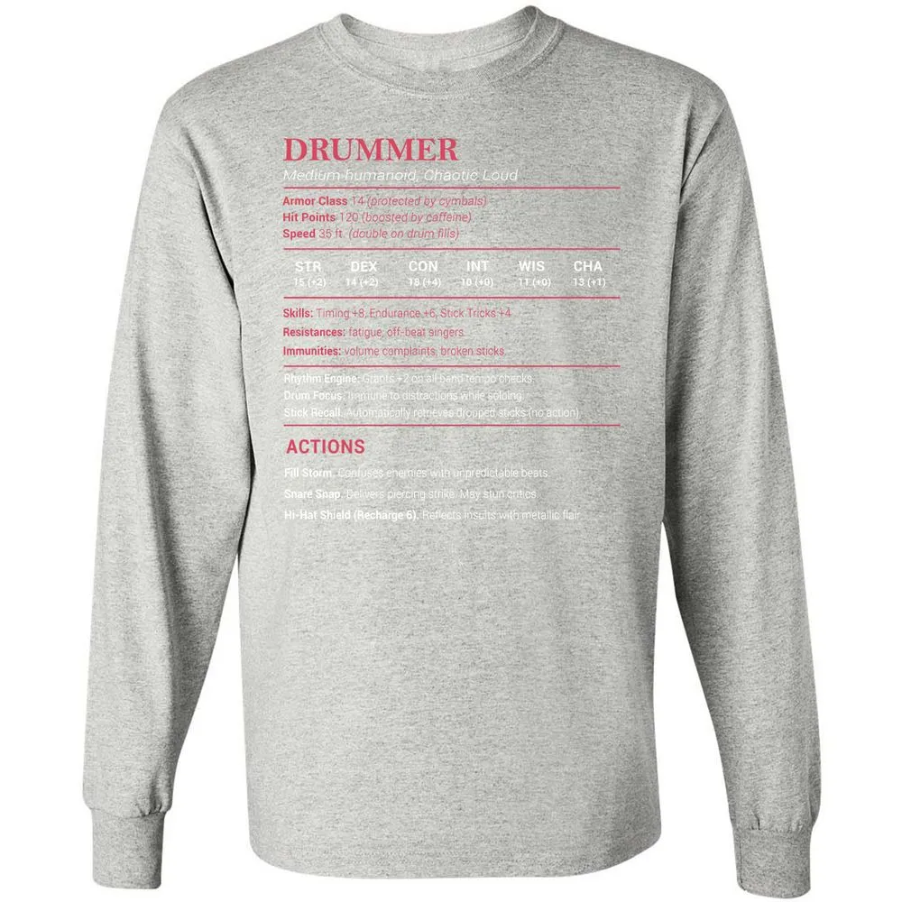 Drummer Stats Long Sleeve T-Shirt - Ash - 7
