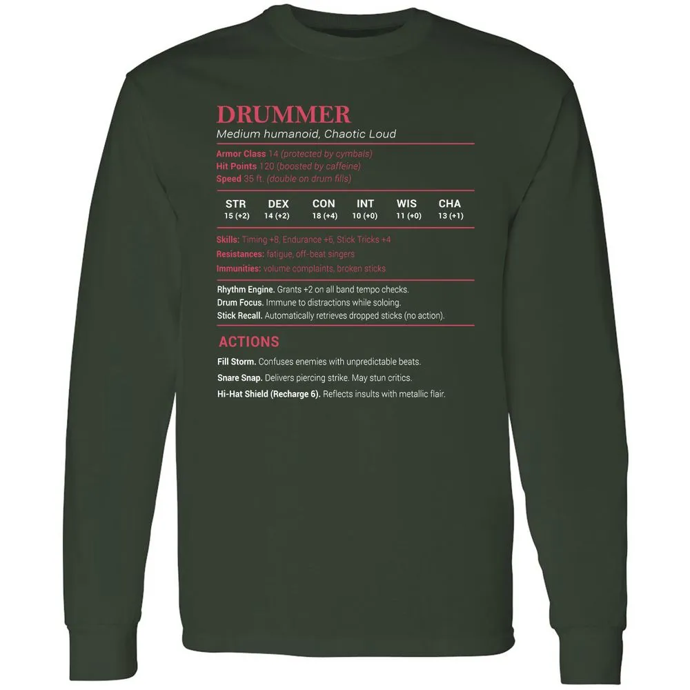 Drummer Stats Long Sleeve T-Shirt - Forest Green - 4