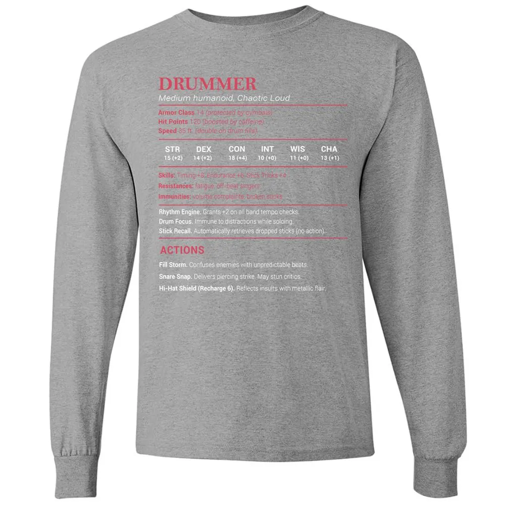 Drummer Stats Long Sleeve T-Shirt - Graphite Heather - 6