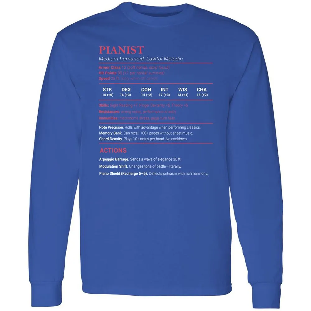Pianist Stats Long Sleeve T-Shirt - Royal - 8