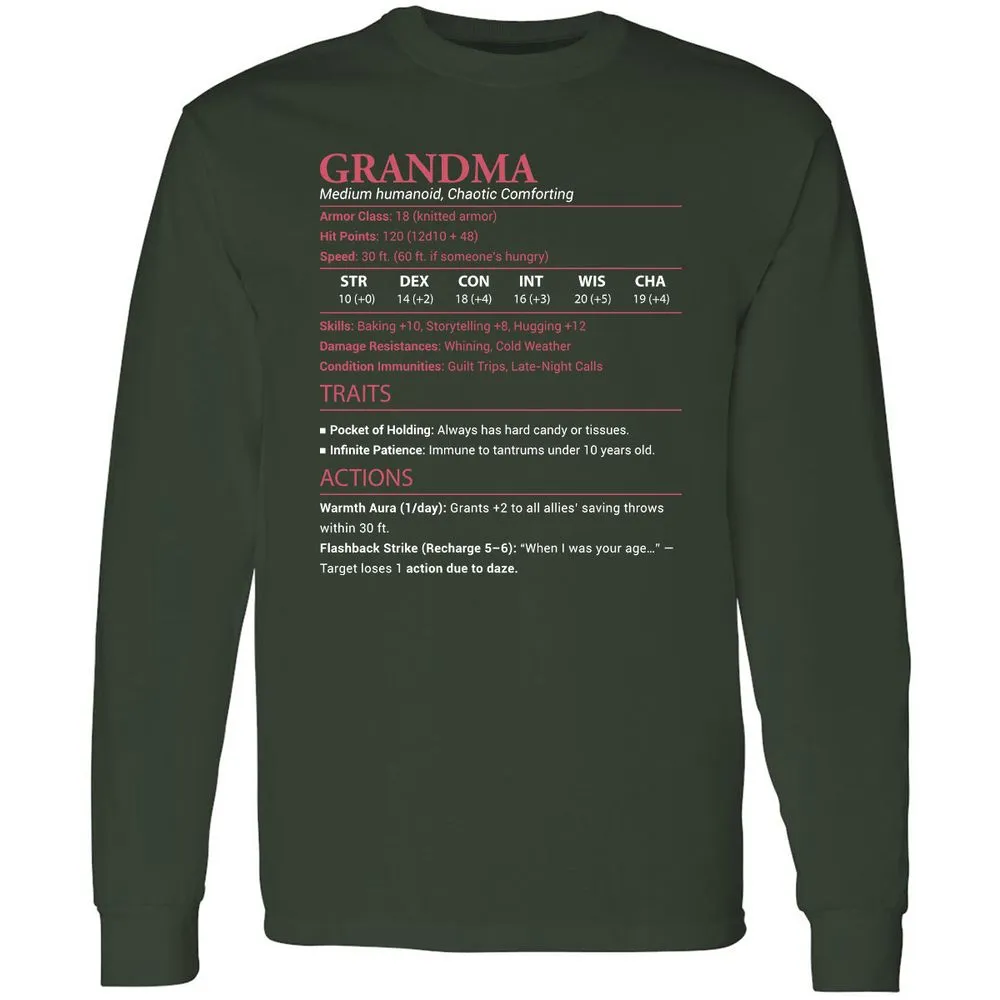Grandma Stats Long Sleeve T-Shirt - Forest Green - 4