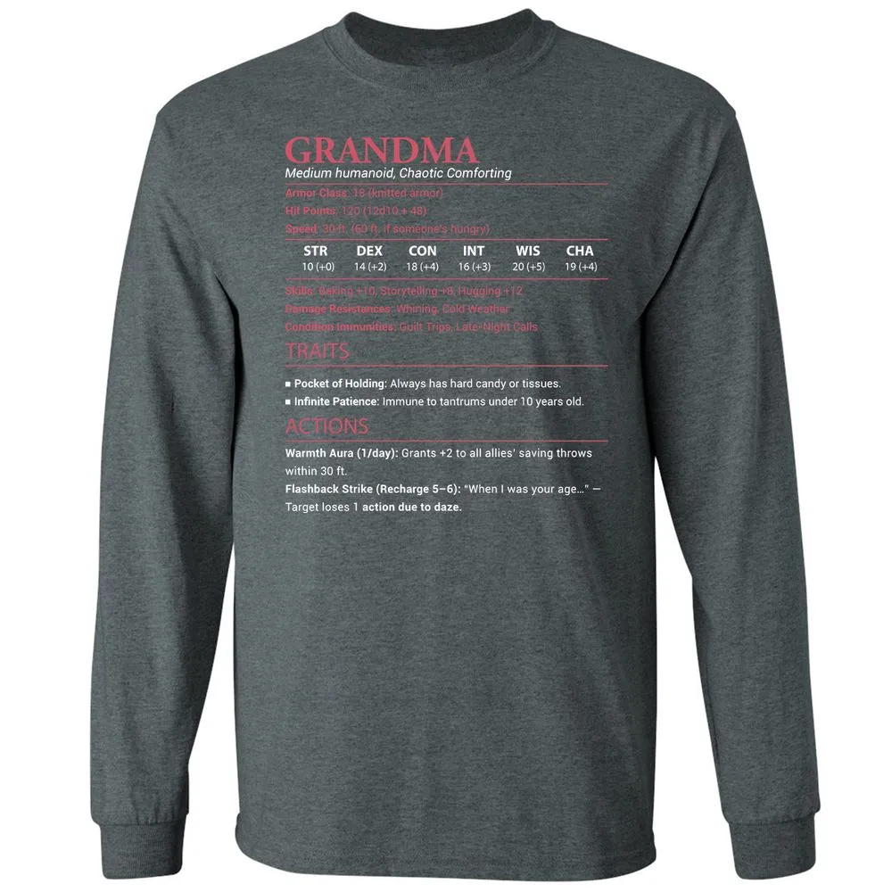 Grandma Stats Long Sleeve T-Shirt - Dark Heather - 15
