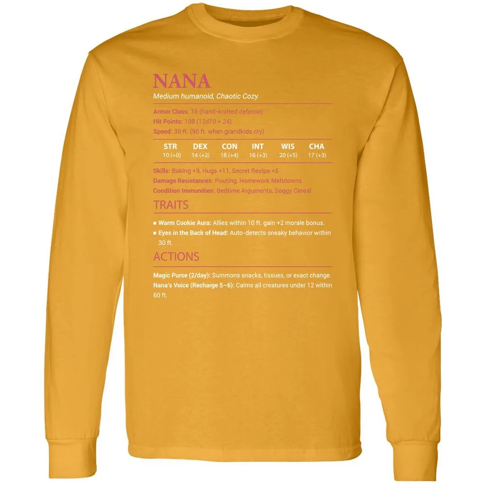 Nana Stats Long Sleeve T-Shirt - Gold - 9