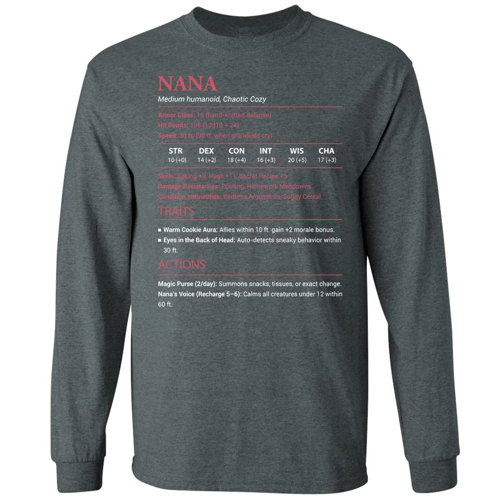 Nana Stats Long Sleeve T-Shirt - Dark Heather - 15
