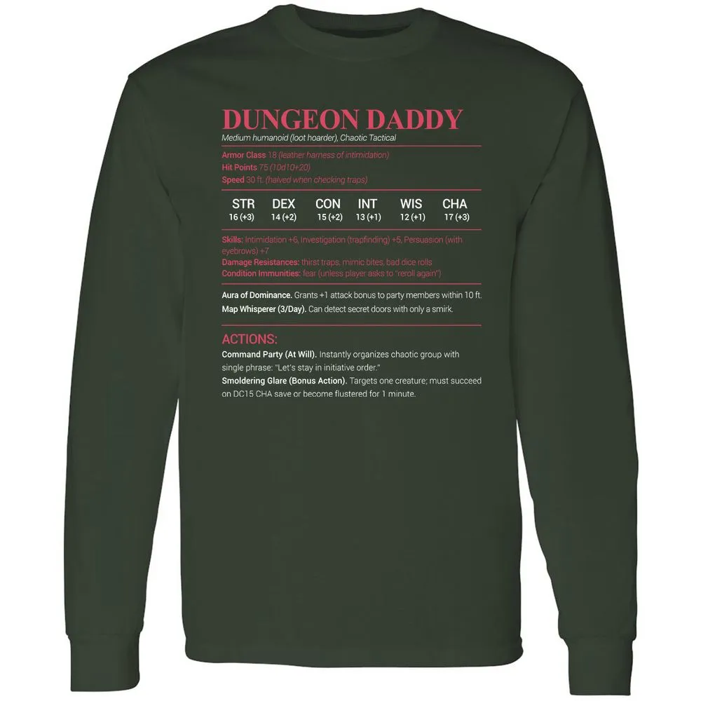 Dungeon Daddy Stats Long Sleeve T-Shirt - Forest Green - 4