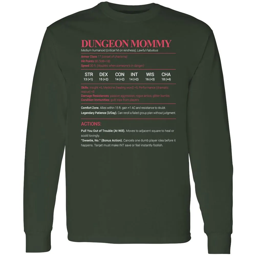 Dungeon Mommy Stats Long Sleeve T-Shirt - Forest Green - 4