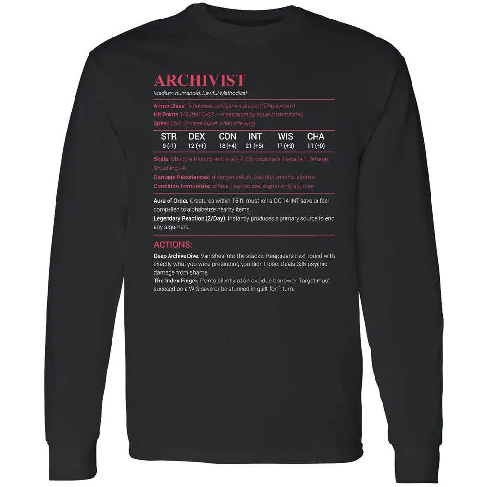 Archivist Stats Long Sleeve T-Shirt - Black - 1
