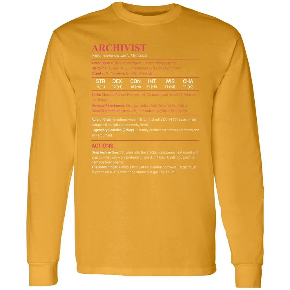 Archivist Stats Long Sleeve T-Shirt - Gold - 9