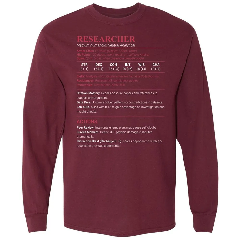 Researcher Stats Long Sleeve T-Shirt - Maroon - 11