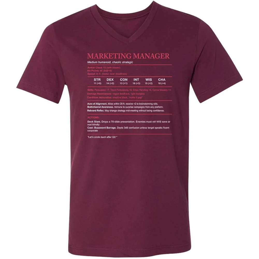 Marketing Manager Stats Unisex V-Neck T-Shirt - Maroon - 6