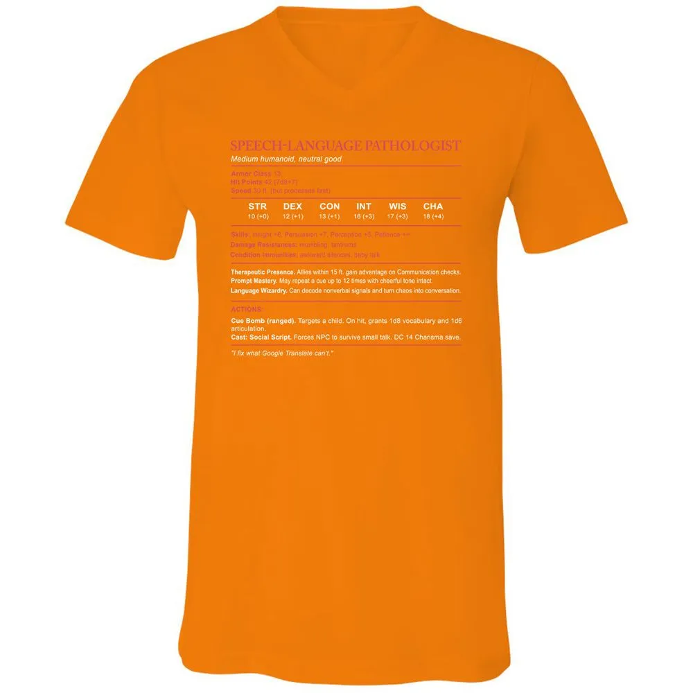 Speech Language Pathologist Stats Unisex V-Neck T-Shirt - Orange - 11