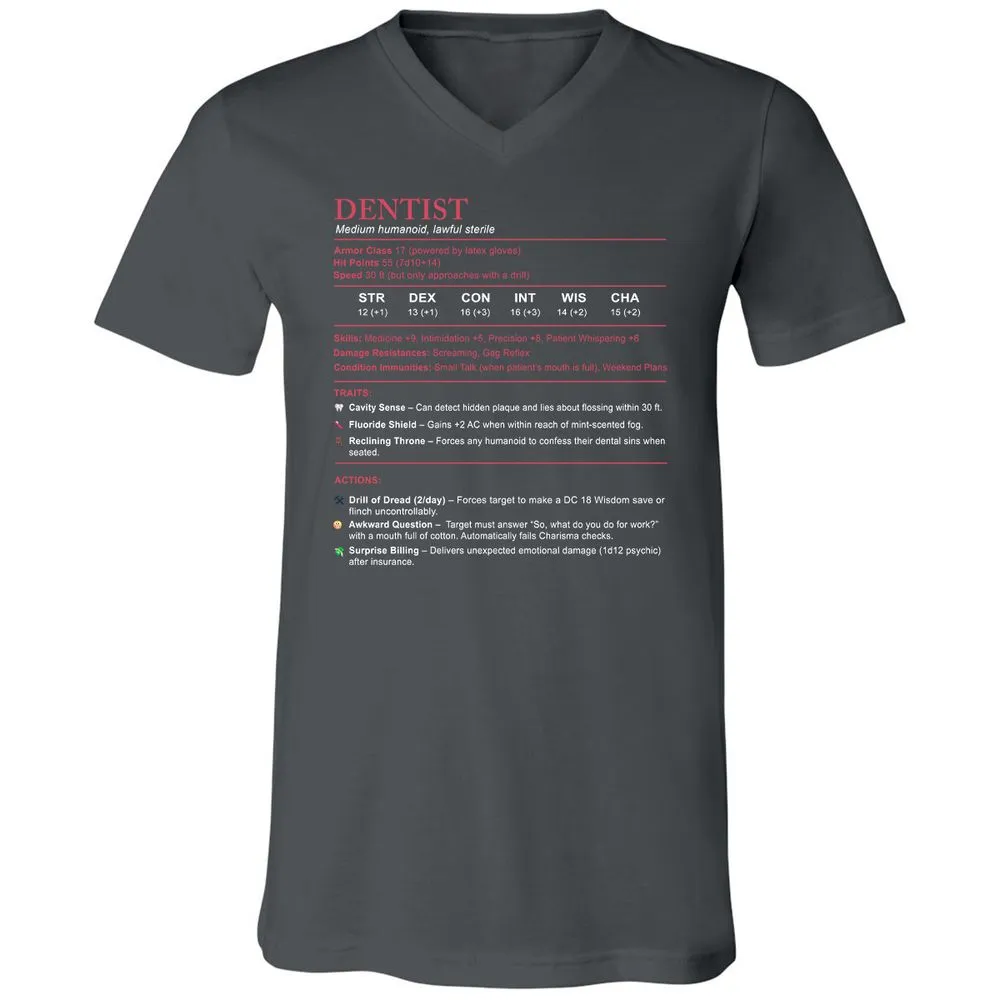 Dentist Stats Unisex V-Neck T-Shirt - Asphalt - 12