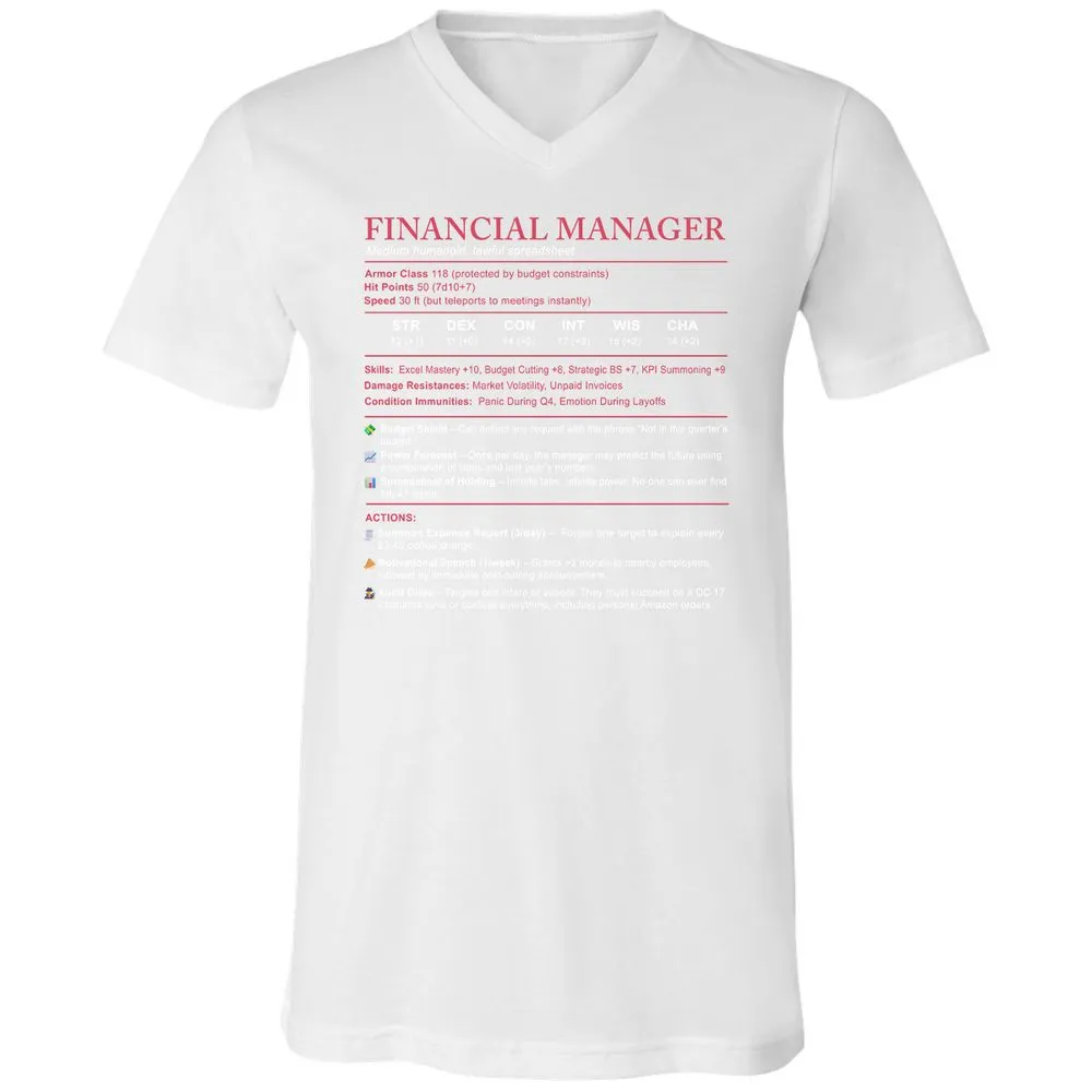 Financial Manager Stats Unisex V-Neck T-Shirt - White - 5